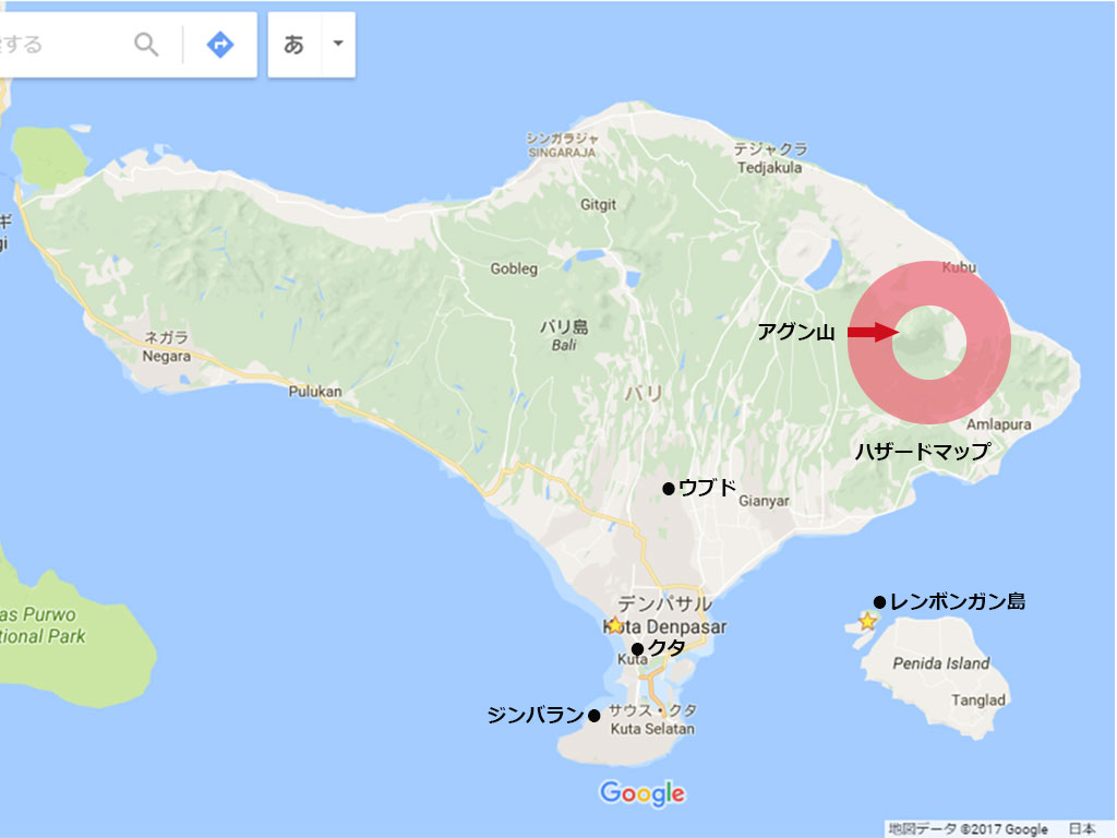 アグン山噴火した場合のハザードマップ